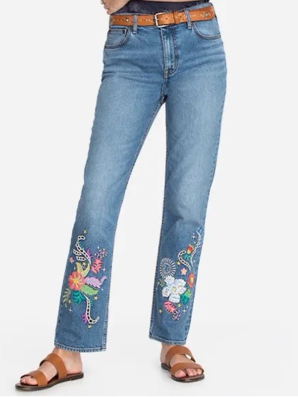Johnny Was High Rise Straight-Leg Jeans with Floral Embroidery